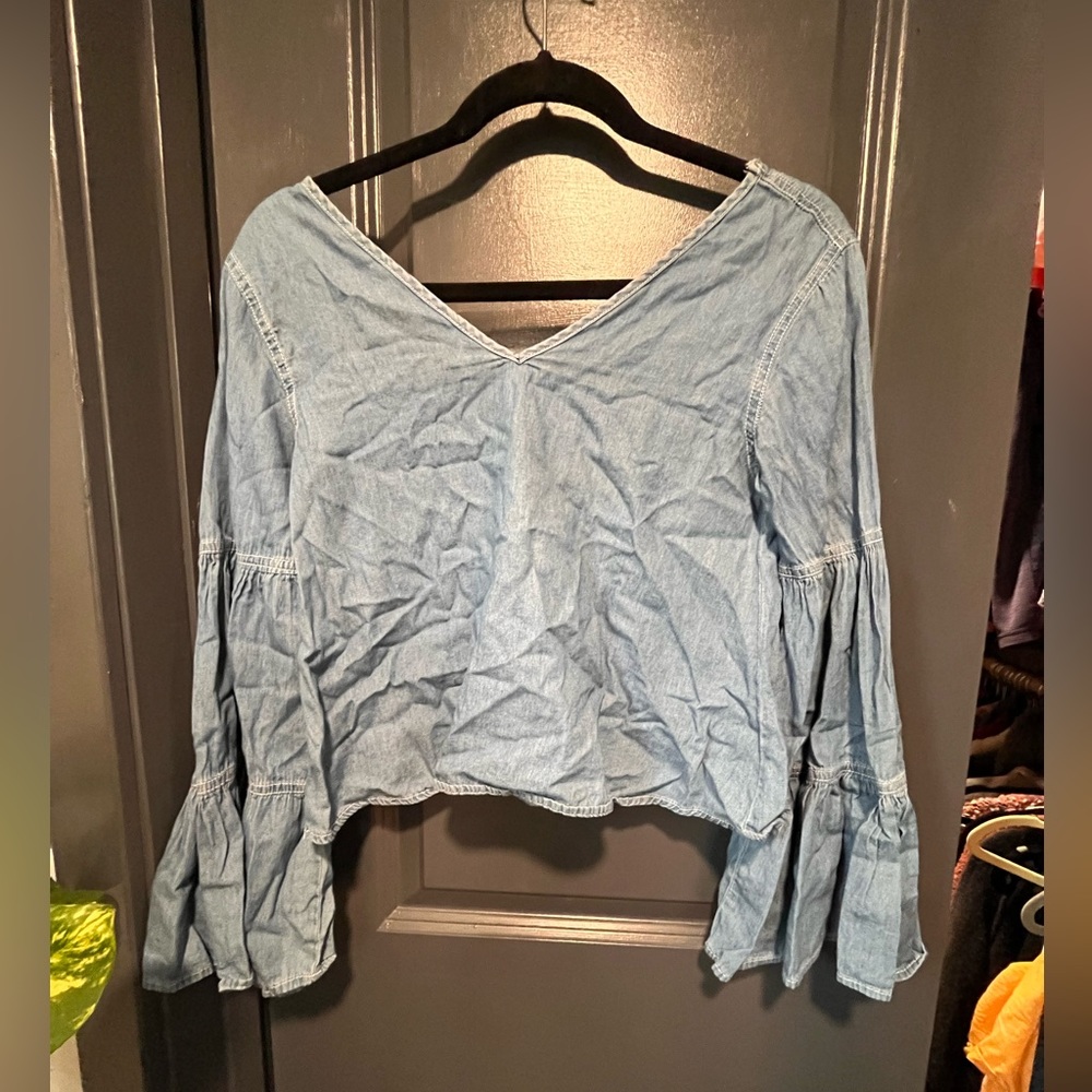 Denim wide arm long sleeve womens top